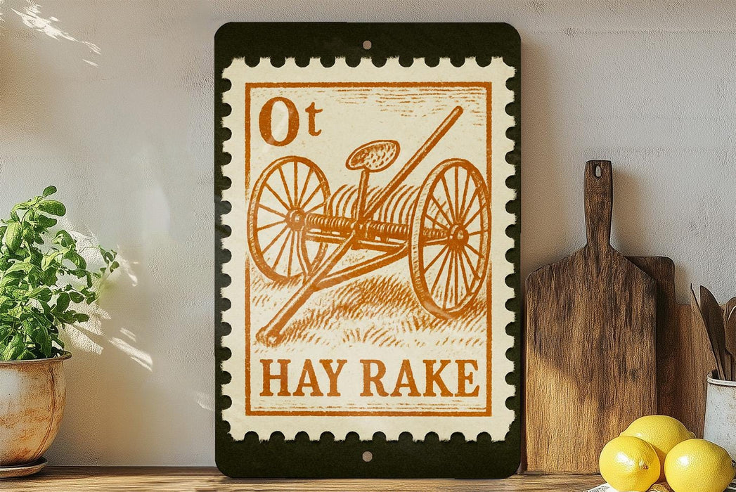 a vintage-style stamp with an illustration of a horse-drawn carriage, placed on a shelf next to a wooden cutting board and some lemons.