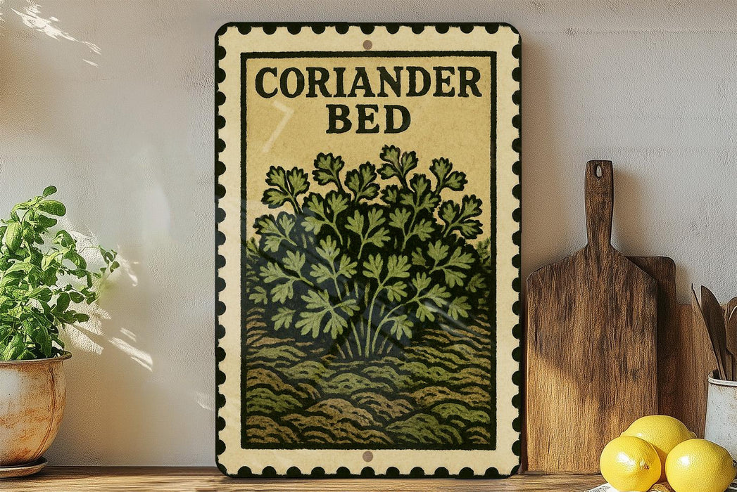 a decorative metal sign with a plant illustration, placed on a wooden surface next to a wooden cutting board and some lemons.
