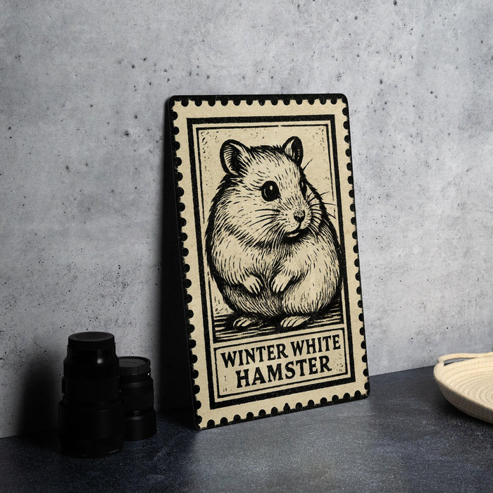 A framed illustration of a hamster is displayed on a wall, with the text "WINTER WHITE HAMSTER" printed on the frame.