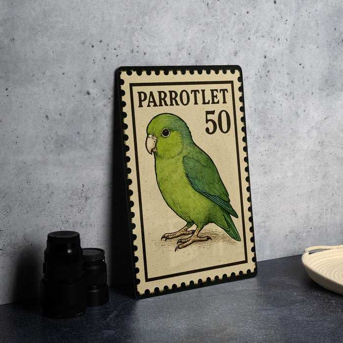 A vintage-style postage stamp featuring a green parrot, with the number 50 printed on it.