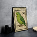 A vintage-style postage stamp featuring a green parrot, with the number 50 printed on it.