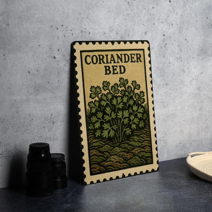 a decorative metal sign with the text "CORIANDER BED" and an illustration of a plant with green leaves.