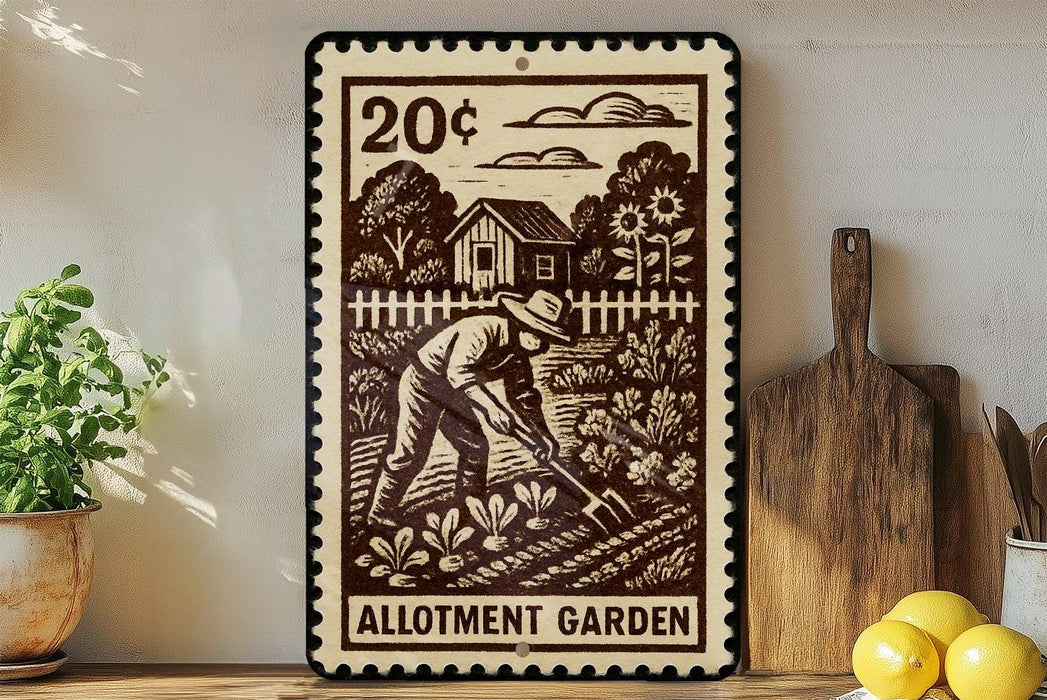 A metal sign with a black and white illustration of a man working in a garden, surrounded by farm equipment and a house, is displayed on a shelf next to a potted plant and a wooden cutting board.