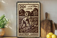 A metal sign with a black and white illustration of a man working in a garden, surrounded by farm equipment and a house, is displayed on a shelf next to a potted plant and a wooden cutting board.