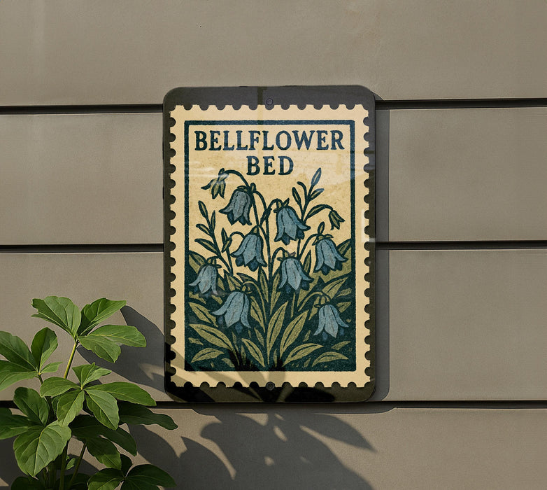 A sign for Bellflower Bed, featuring a floral illustration of bluebells on a beige background.
