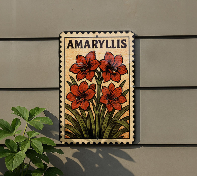 a vintage-style stamp-like sign with a floral design, mounted on a wall next to a plant.