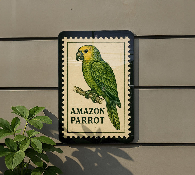 a large, colorful parrot perched on a branch, with the text "AMAZON PARrot" displayed below the illustration.