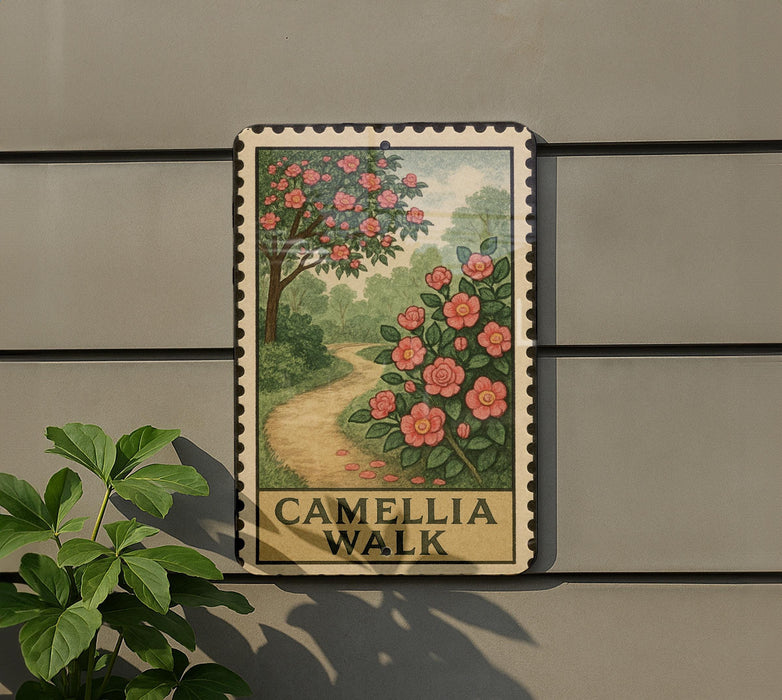 a sign for the "Camella Walk" with a floral illustration of a tree and flowers, mounted on a wall.