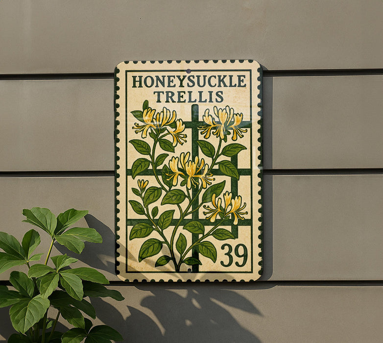 A metal sign with a floral design hangs on a wall, featuring the text "HONEY SUCKLE TRELLIS" and the number "39".