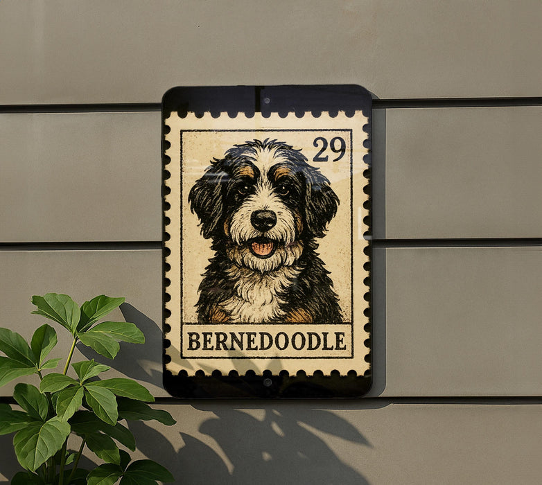 A Bernoodle dog is depicted on a postage stamp-like sign, mounted on a wall next to a plant.