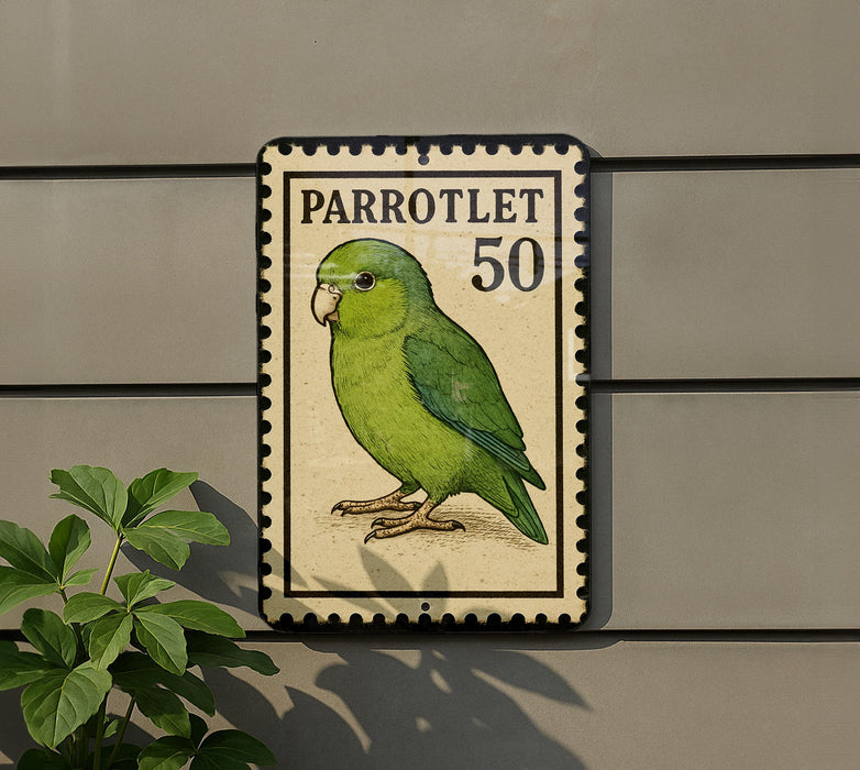 A postage stamp-like sign featuring a green parrot, with the text "PARROLET 50" printed on it.
