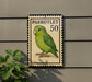 A postage stamp-like sign featuring a green parrot, with the text "PARROLET 50" printed on it.