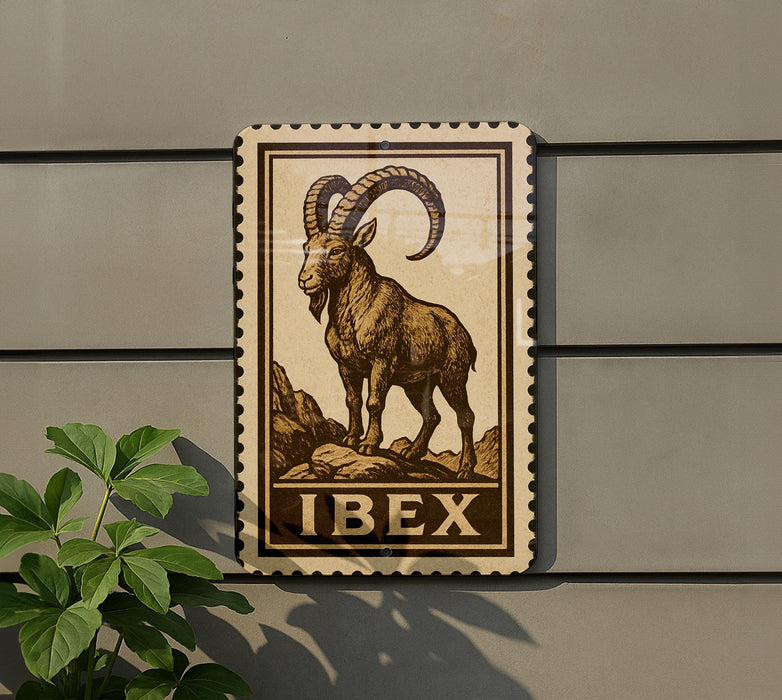a large stamp-like sign with a depiction of a ram, mounted on a wall.