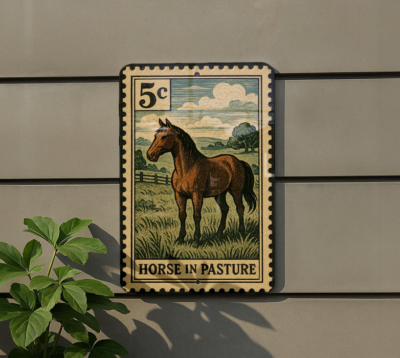 a stamp-like sign with a horse illustration, mounted on a wall.
