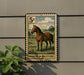 a stamp-like sign with a horse illustration, mounted on a wall.