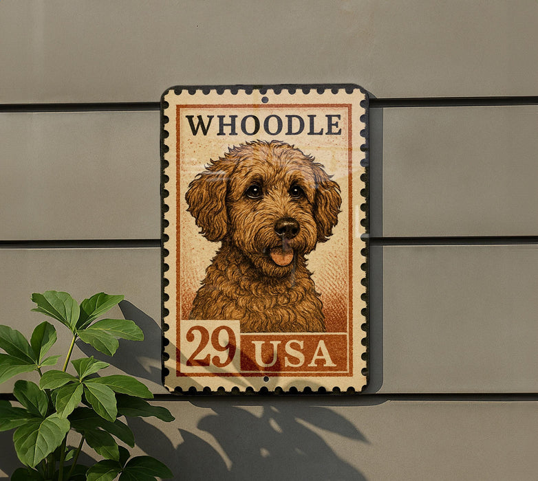 A metal sign with a dog illustration and the number 29 printed on it, mounted on a wall.