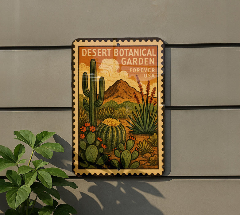 a decorative metal sign with a desert botanical garden theme, featuring various cacti and succulents.