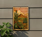 a decorative metal sign with a desert botanical garden theme, featuring various cacti and succulents.