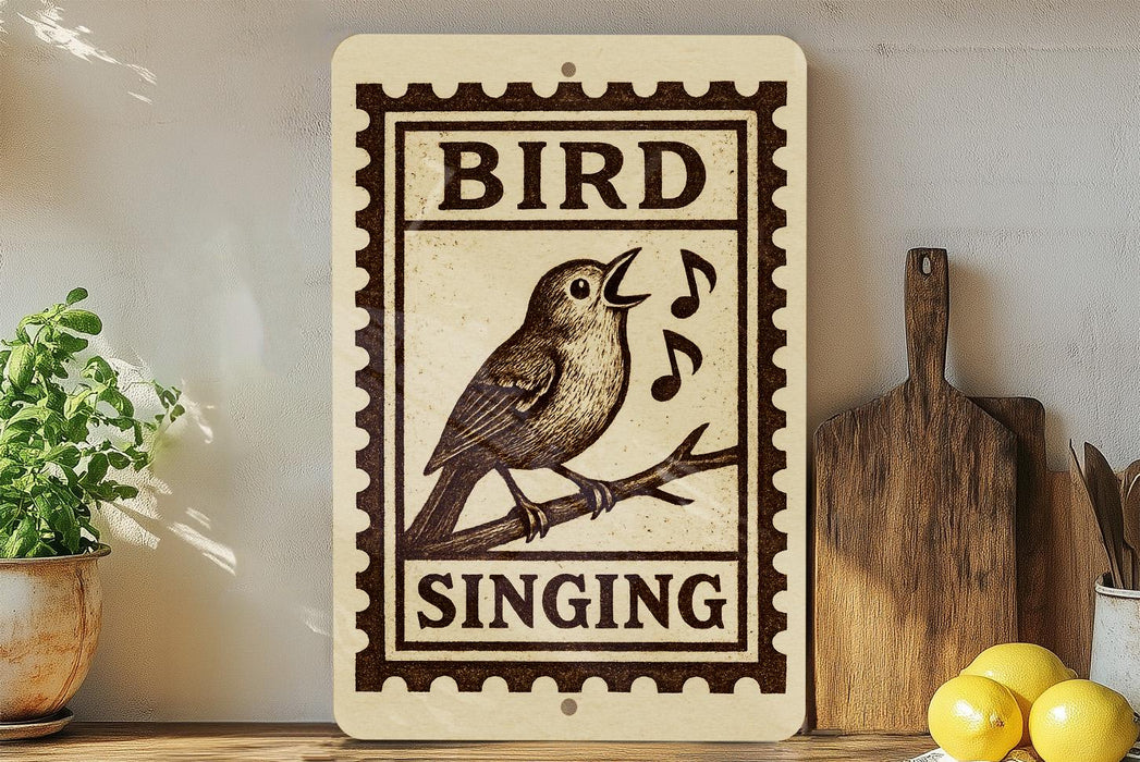 a wooden sign with a bird perched on a branch, singing, and the word "SINGING" written below the bird. The sign is placed on a shelf next to a potted plant and a cutting board.