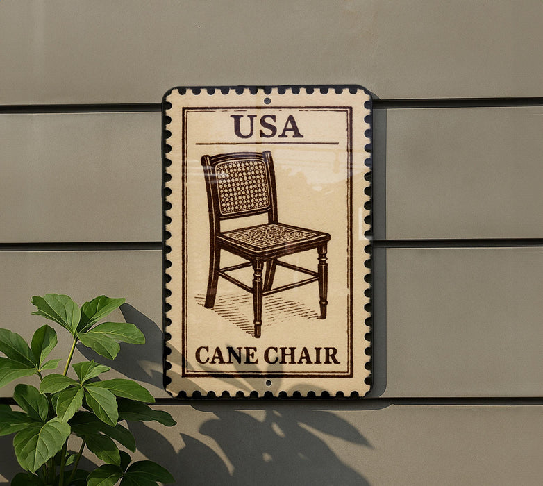 a cane chair sign mounted on a wall, with a plant to the left of the sign.