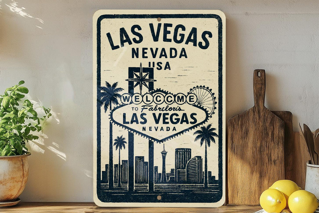 A vintage-style sign welcoming visitors to Las Vegas, Nevada, USA, featuring the iconic Las Vegas Strip and city skyline.