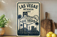 A vintage-style sign welcoming visitors to Las Vegas, Nevada, USA, featuring the iconic Las Vegas Strip and city skyline.
