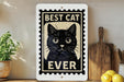 A framed sign with a black cat illustration and the text "BEST CAT EVER" is displayed on a shelf next to a wooden cutting board and a potted plant.