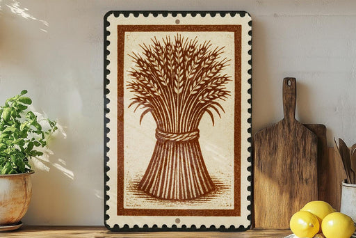 a framed illustration of a wheat stalk on a shelf, with a wooden cutting board and a potted plant to the side.