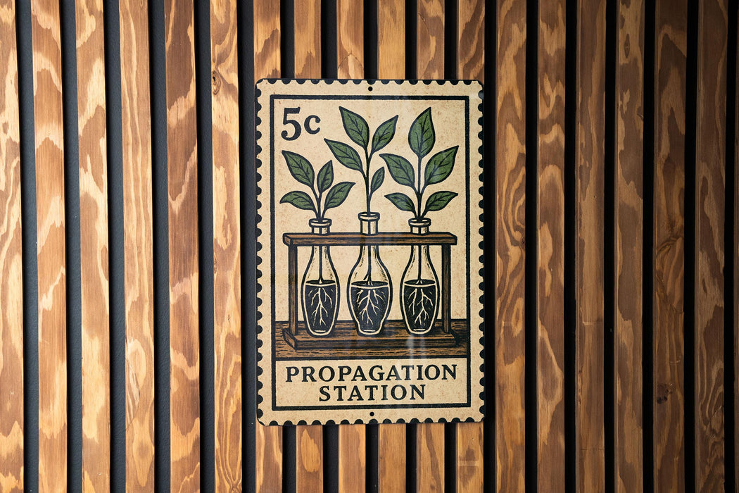 A 5c postage stamp with a drawing of three plant growth stages in bottles, mounted on a wooden wall.