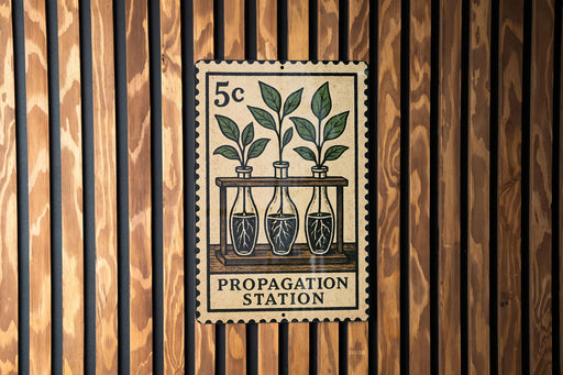 A 5c postage stamp with a drawing of three plant growth stages in bottles, mounted on a wooden wall.