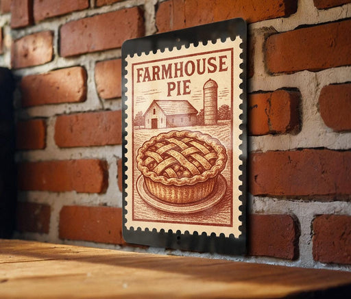 A metal sign with a farmhouse pie illustration is mounted on a brick wall.