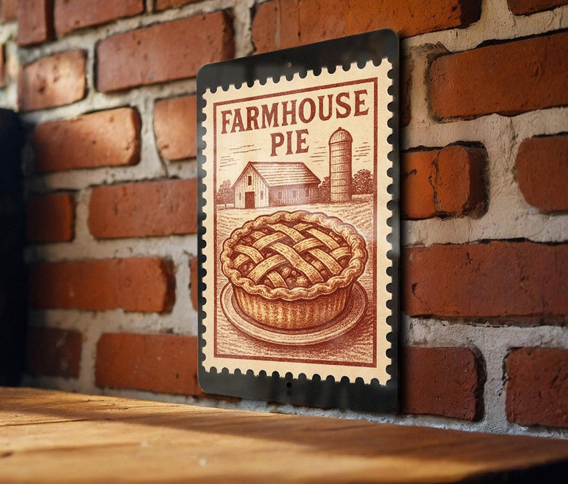 A metal sign with a farmhouse pie illustration is mounted on a brick wall.