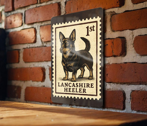 A metal sign featuring a black and tan illustration of a Lancashire Heeler dog, mounted on a brick wall.