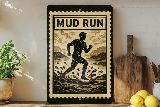 a framed poster with a silhouette of a person running, accompanied by the text "MUD RUN" in bold letters. The poster is displayed on a shelf, with a potted plant, a wooden cutting board, and some lemons nearby.