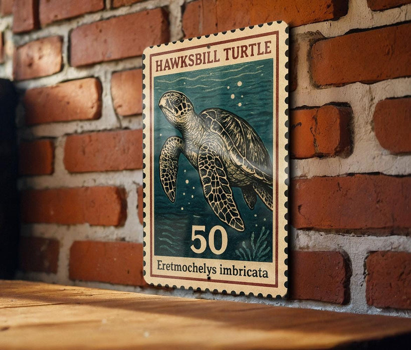 A framed image of a hawksbill turtle, with the text "HAWKSBILL TURTLE" and "50" printed on it, mounted on a brick wall.