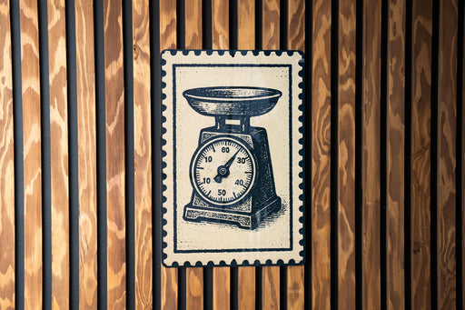 A vintage-style postage stamp featuring a scale illustration is displayed on a wooden wall.