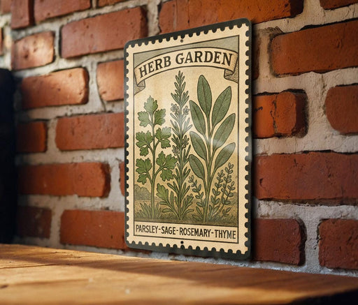 A vintage-style metal sign with a brick wall backdrop, featuring illustrations of parsley, rosemary, and thyme, and the text "Herb Garden" and "Parsley-Sage-Rosemary-Thyme".