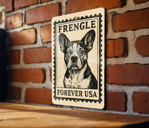 A sign featuring a dog's face on a brick wall, with the text "FREINGLE FOREVER USA" printed on it.