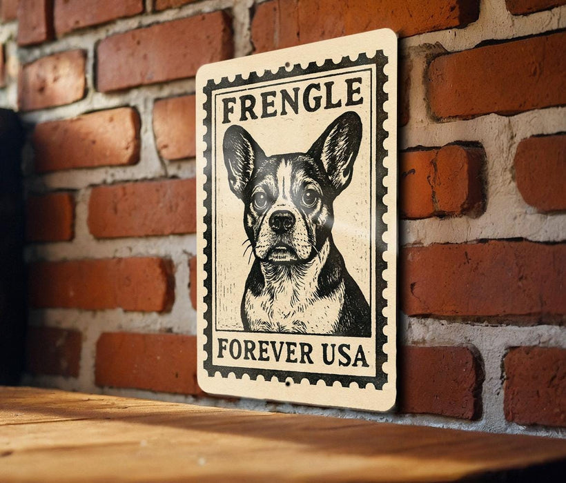 A sign featuring a dog's face on a brick wall, with the text "FREINGLE FOREVER USA" printed on it.