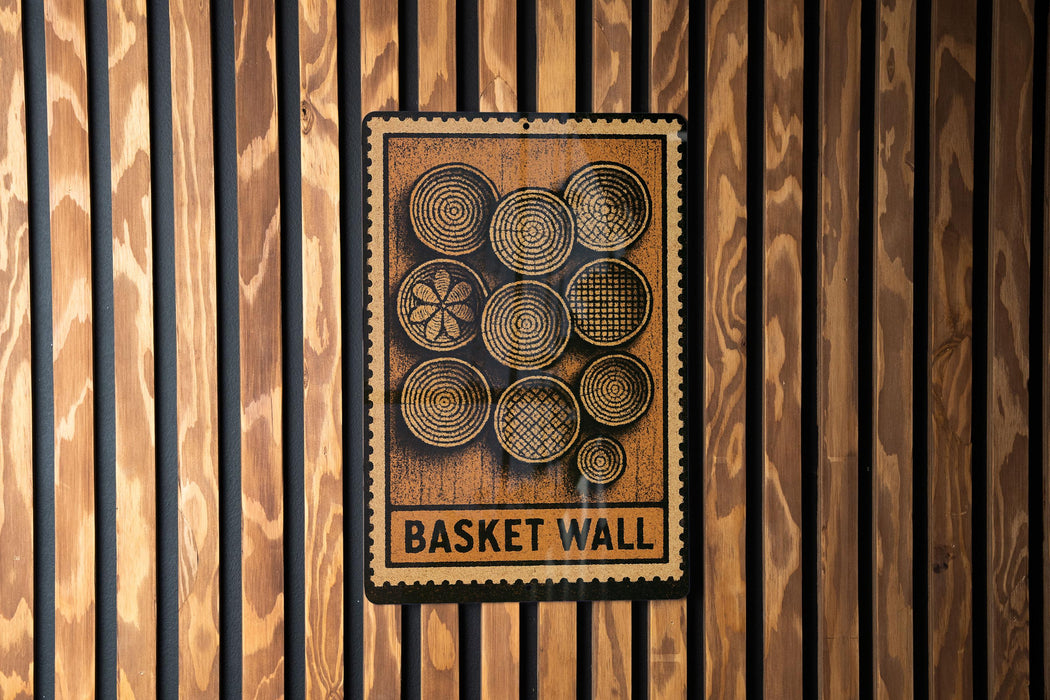 a sign with the text "Basket Wall" and a design of concentric circles on a wooden background.