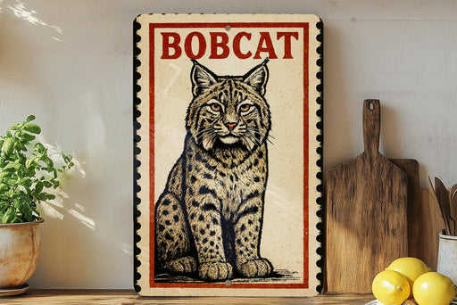 a framed illustration of a bobcat, a type of wild cat, on a wooden surface.
