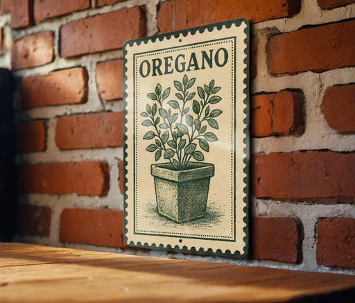A metal sign with a plant illustration is mounted on a brick wall.