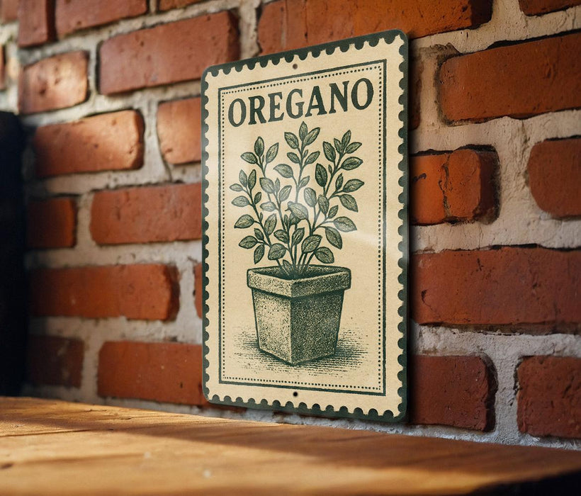 A metal sign with a plant illustration is mounted on a brick wall.