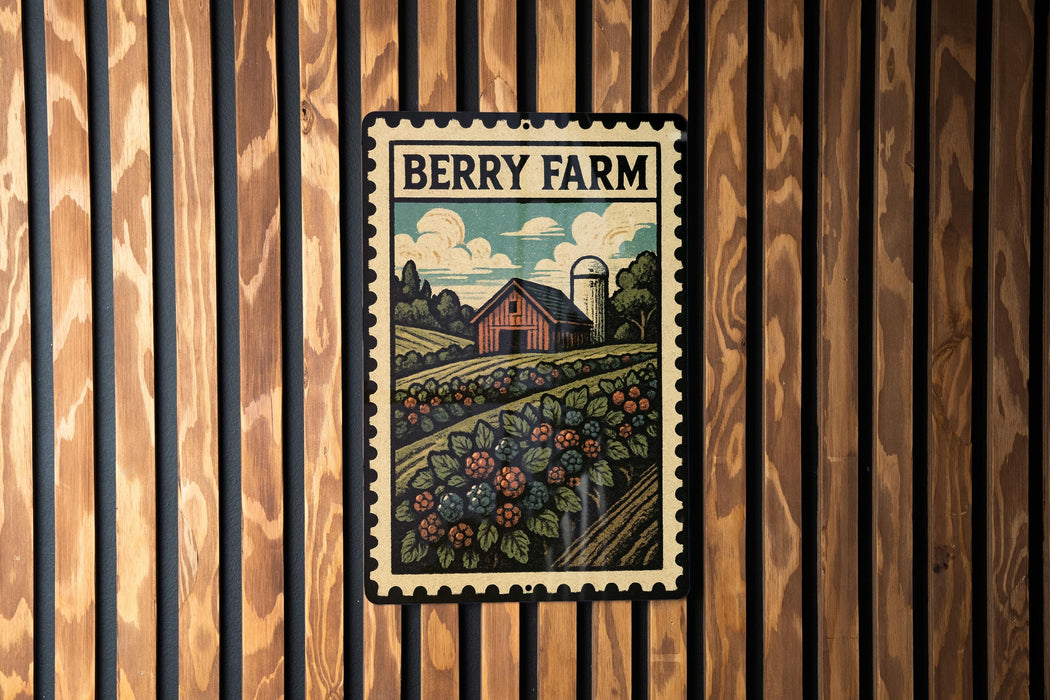 A vintage-style metal sign with a farm scene and a barn, mounted on a wooden wall.