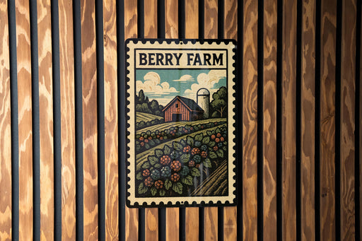 A vintage-style metal sign with a farm scene and a barn, mounted on a wooden wall.