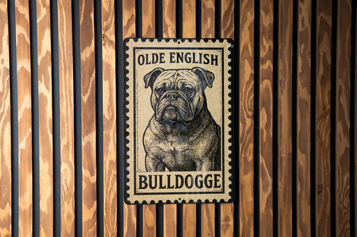 A metal sign featuring a bulldog illustration is mounted on a wooden wall.