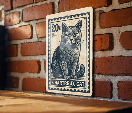 A wooden sign with a black and white illustration of a cat, mounted on a brick wall.