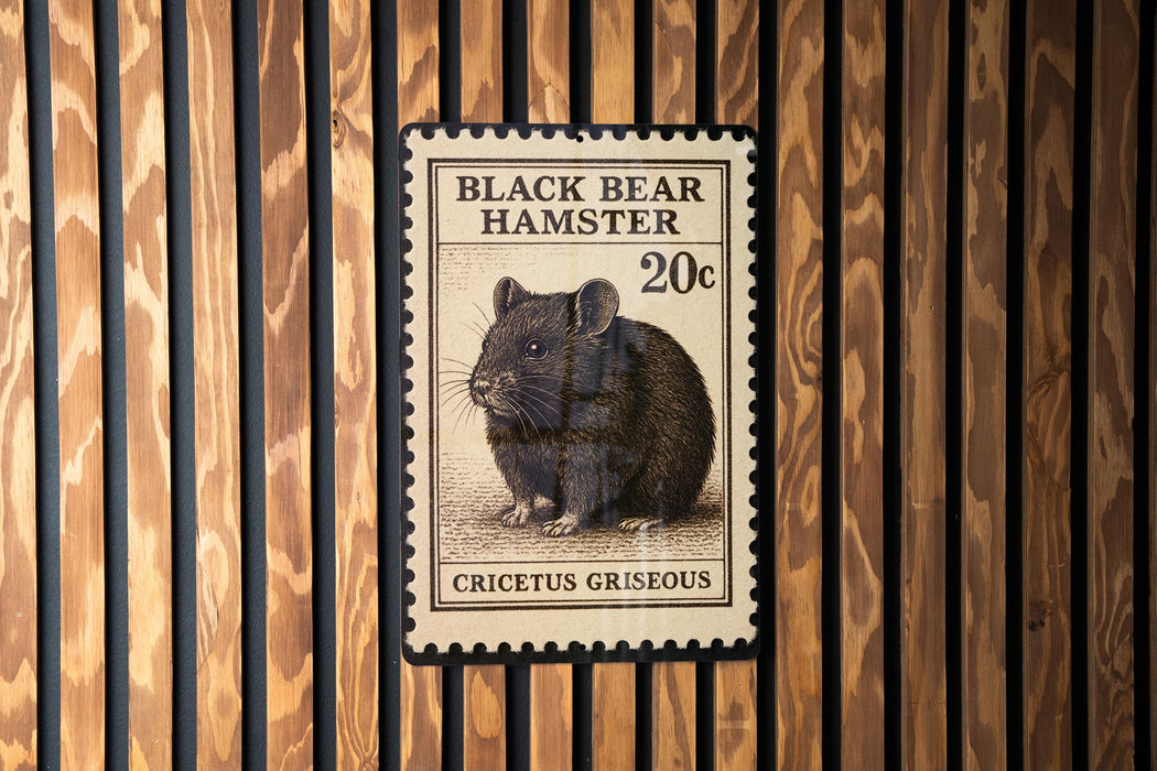 A black bear hamster postage stamp is displayed on a wooden wall.