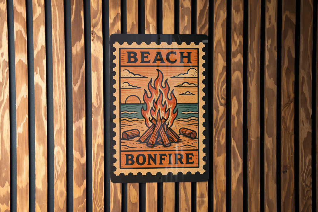 A poster with the text "BEACH BONFIRE" and an illustration of a campfire on a beach.