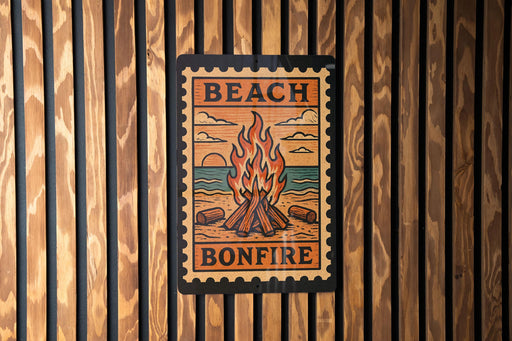 A poster with the text "BEACH BONFIRE" and an illustration of a campfire on a beach.